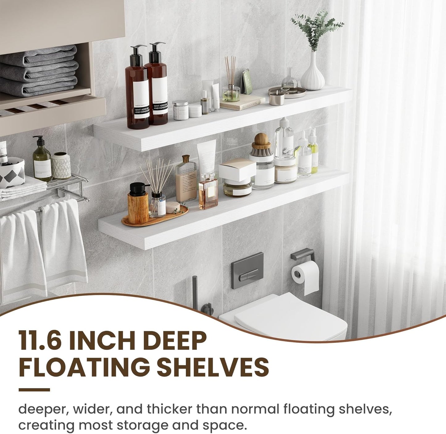 48 Inch Floating Shelves, 12 Inch Deep Floating Shelves for Wall, Floating Shelf with Invisible Brackets, Deep Wall Shelves for Bathroom, Bedroom, Living Room, 1 Pack, White