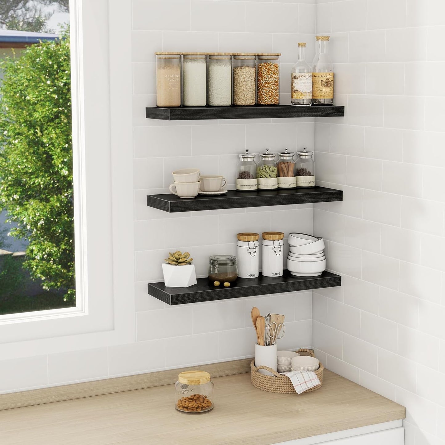 Fun Memories Black Floating Shelves Wall Shelf 24 Inch Long, Rustic Bathroom Shelves, Wall Mounted Wood Floating Shelf for Kitchen, Living Room, Bedroom, 24 x 6.7 x 1.4 inch Set of 3