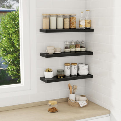 Fun Memories Black Floating Shelves Wall Shelf 24 Inch Long, Rustic Bathroom Shelves, Wall Mounted Wood Floating Shelf for Kitchen, Living Room, Bedroom, 24 x 6.7 x 1.4 inch Set of 3