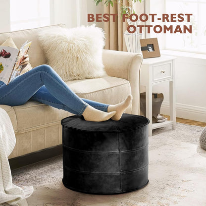 Round Leather Ottoman,Handmade Stuffed Ottoman,Genuine Leather Pouf, Foot Rest Pouf,Comfortable Soft Seating for Living Room & Bedroom (Black, Round)
