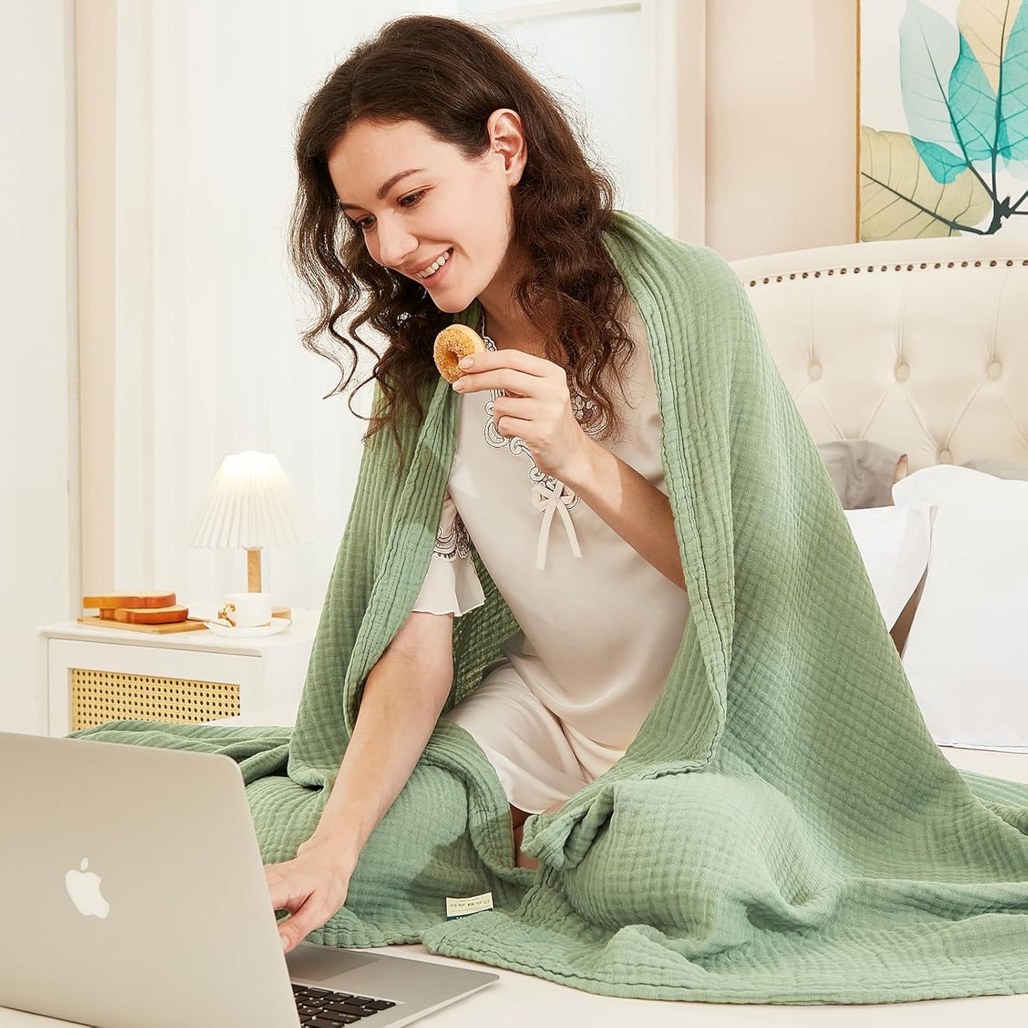 EMME Cotton Twin Blanket for Couch Soft Airy Muslin Bed Blankets Lightweight Breathable Blanket All Season Gauze Blanket, Sage Green