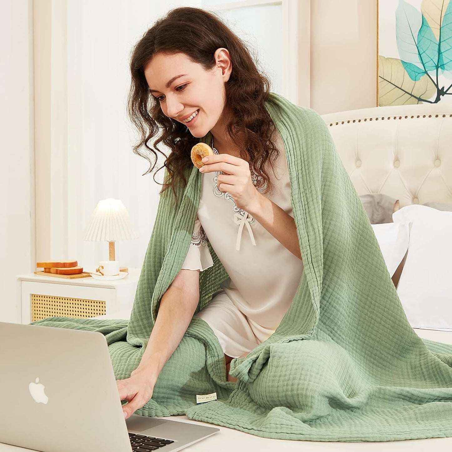 EMME Cotton Throw Blanket for Couch Soft Airy Muslin Bed Blankets Lightweight Breathable Blanket All Season Gauze Blanket, Sage Green