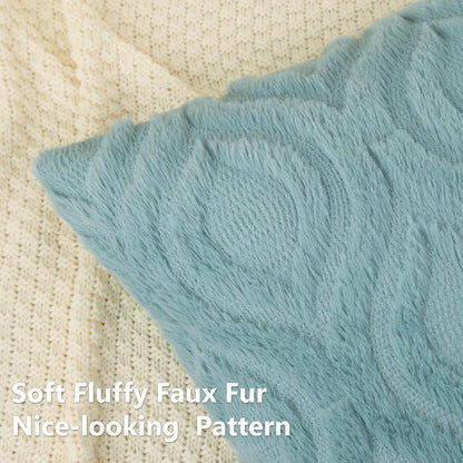 decorUhome Fall Throw Pillow Covers 26x26 Inch Set of 2, Soft Plush Decorative Faux Fur Aqua Solid Couch Pillow Covers, Accent Farmhouse Neutral Square Euro Pillow Cases for Sofa Bed Living Room