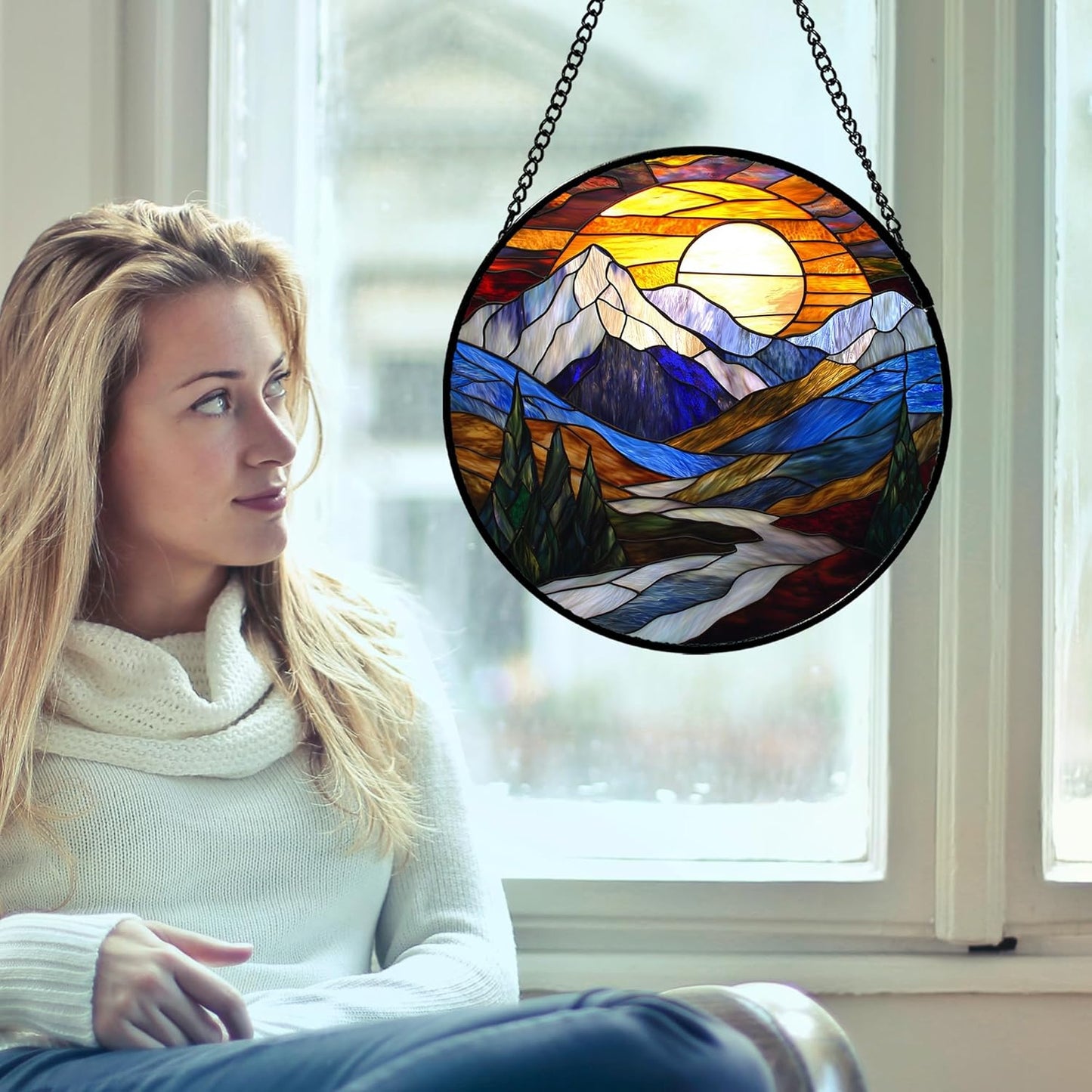 Stained Glass Window Hanging, Yellow Blue Sunset Mountains Scenery Sun Catcher for Window Home Decor Landscape Suncatcher Mother's Day Birthday Gifts for Women Men Mom and Nana 15 in
