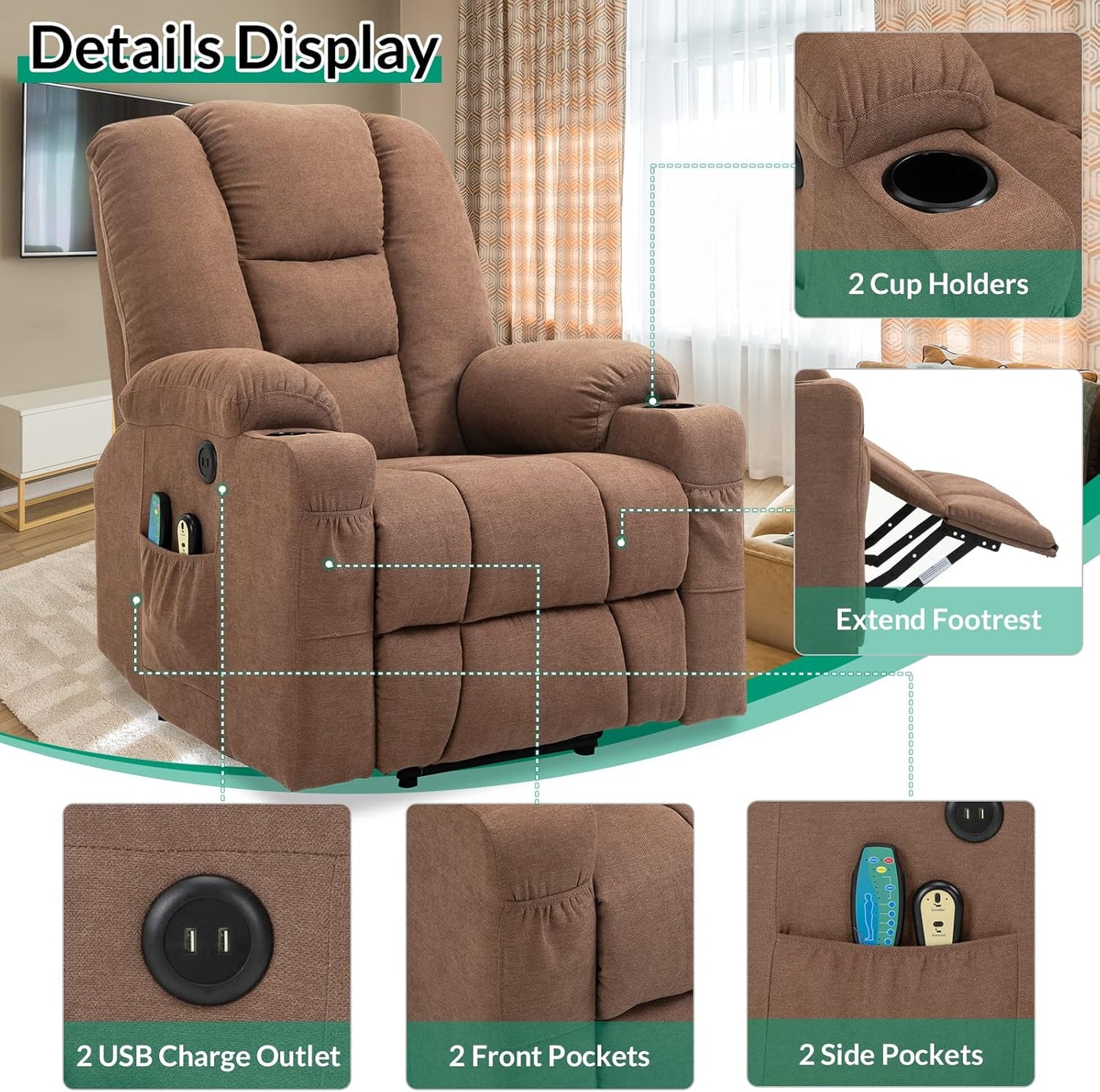 VIVIJASON Power Lift Chair Electric Recliner for Elderly Heated Vibration Massage Fabric Recliner Chair with 2 Remote Controls, Cup Holders, Side Pockets & USB Ports for Living Room (Coffee)