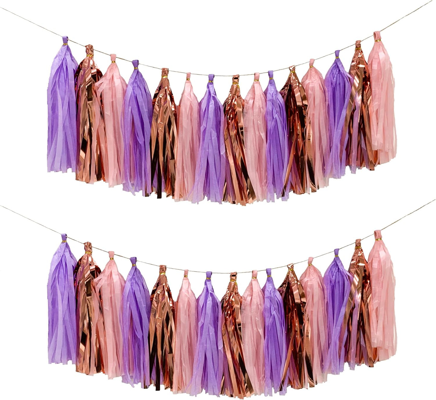 Pink Purple Rose Gold Tissue Paper Tassel Garland,Tissue Tassel Banner for Party Decorations,Pack of 15