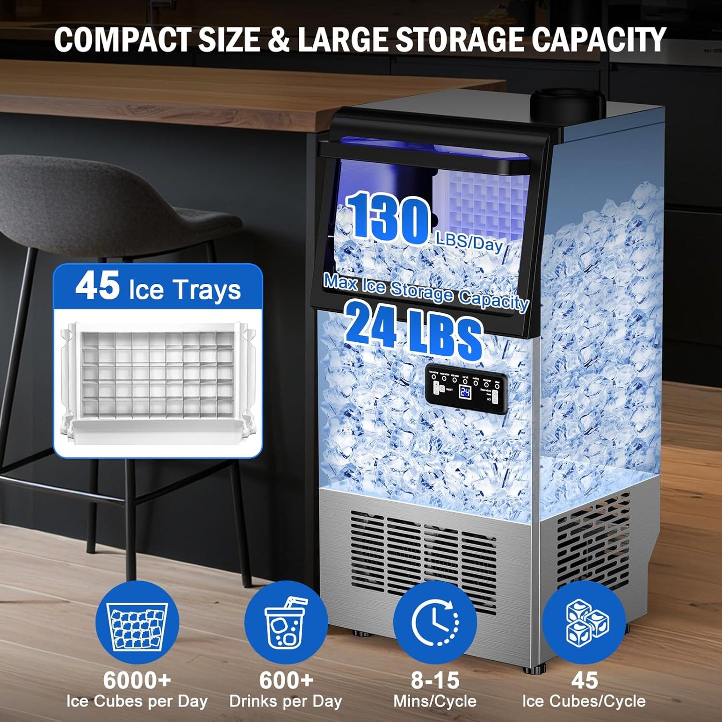 Commercial Ice Maker Machine 130 LBS/24H, 45 Ice Trays Freestanding & Undercounter Ice Machine Stainless Steel with 20 LBS Ice Storage Capacity, Ice Maker with Water Line and Filter, Dual Water Inlet
