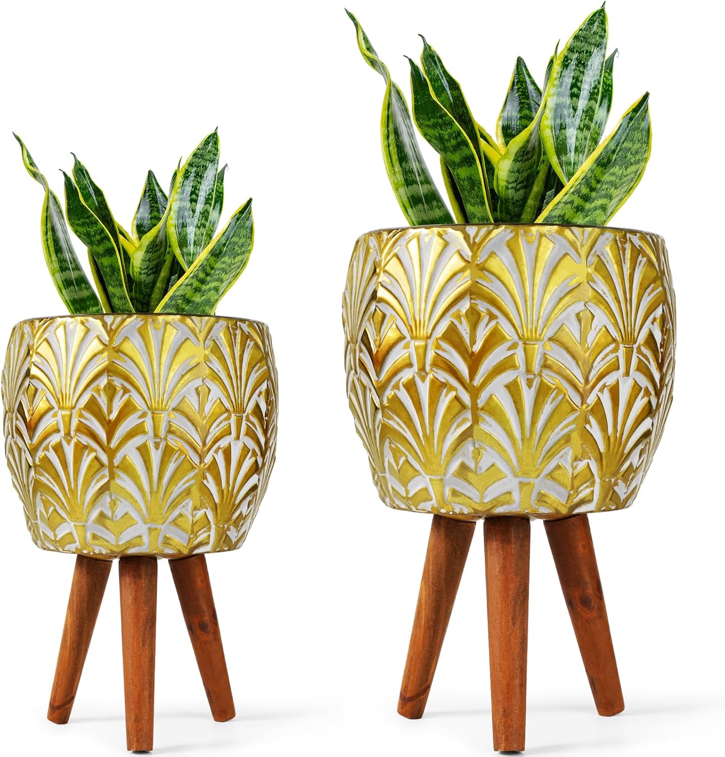 Harvest Land Plant Pots with Stand, Set of 2 Large Modern Planters Metal Tall Handmade Flower Pots with Drainage Holes Indoor Outdoor,Gold