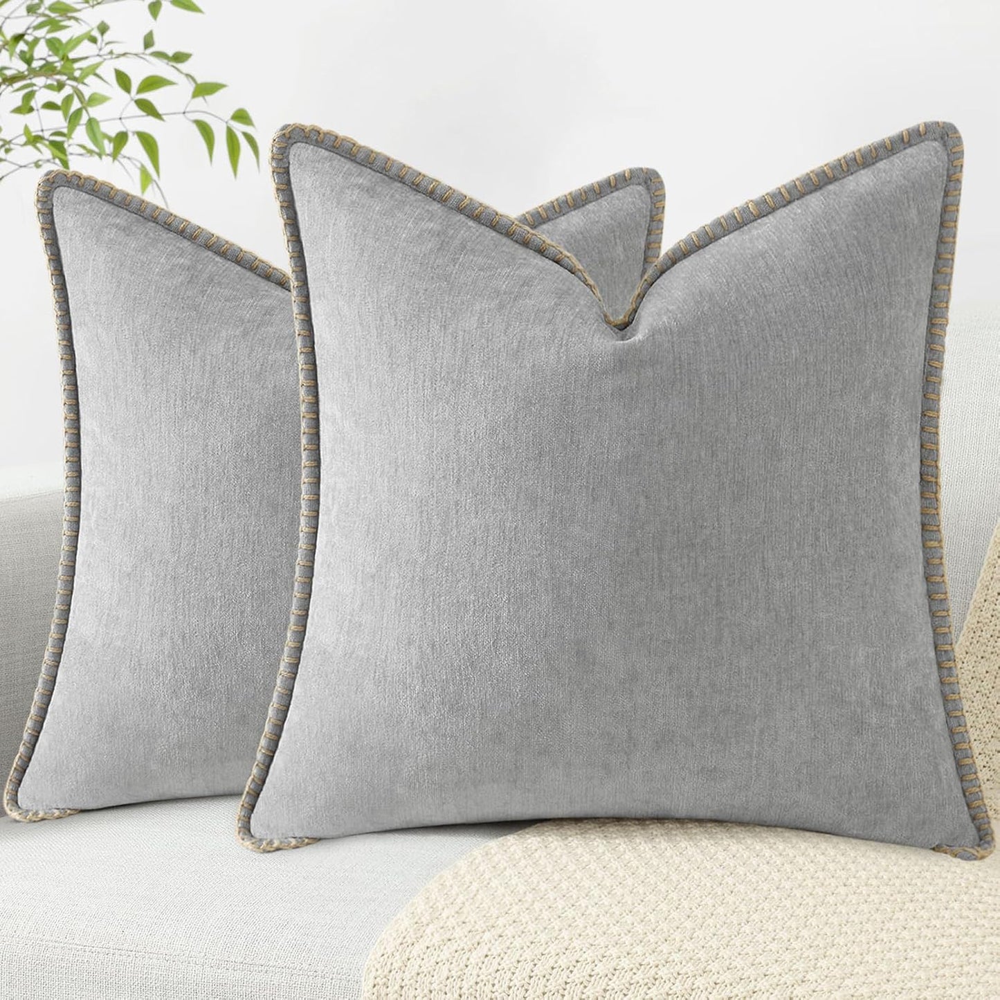 decorUhome Chenille Soft Throw Pillow Covers 18x18 Set of 2, Farmhouse Velvet Neutral Decorative Euro Pillow Covers with Stitched Edge for Couch Sofa Bed Home Decor, Neutral Gray