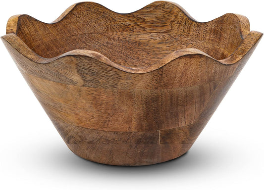 Mela Artisans Wooden Scalloped Bowl - Small | Ruffle Decorative Style | Rustic Kitchen Decor | Mango Wood | Natural Grain Finish | Fits Bread, Fruits, Salad or Popcorn | 8” x 4” x 7”
