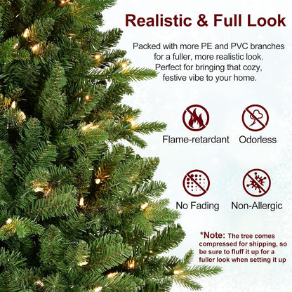 6.5 FT Pre-Lit Artificial Christmas Tree with 1706 PE&PVC Mixed Branch Tips, 450 Warm White Lights, Hinged Premium Spruce Fake Xmas Trees, Green, Foldable Base