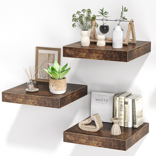 Square Floating Shelves for Wall, 12"W x 12"D x 1.2"H, Small Wooden Wall Mounted Display Shelf with Invisible Brackets for Living Room, Bedroom, Bathroom, Kitchen Decor, Set of 3, Rustic Brown