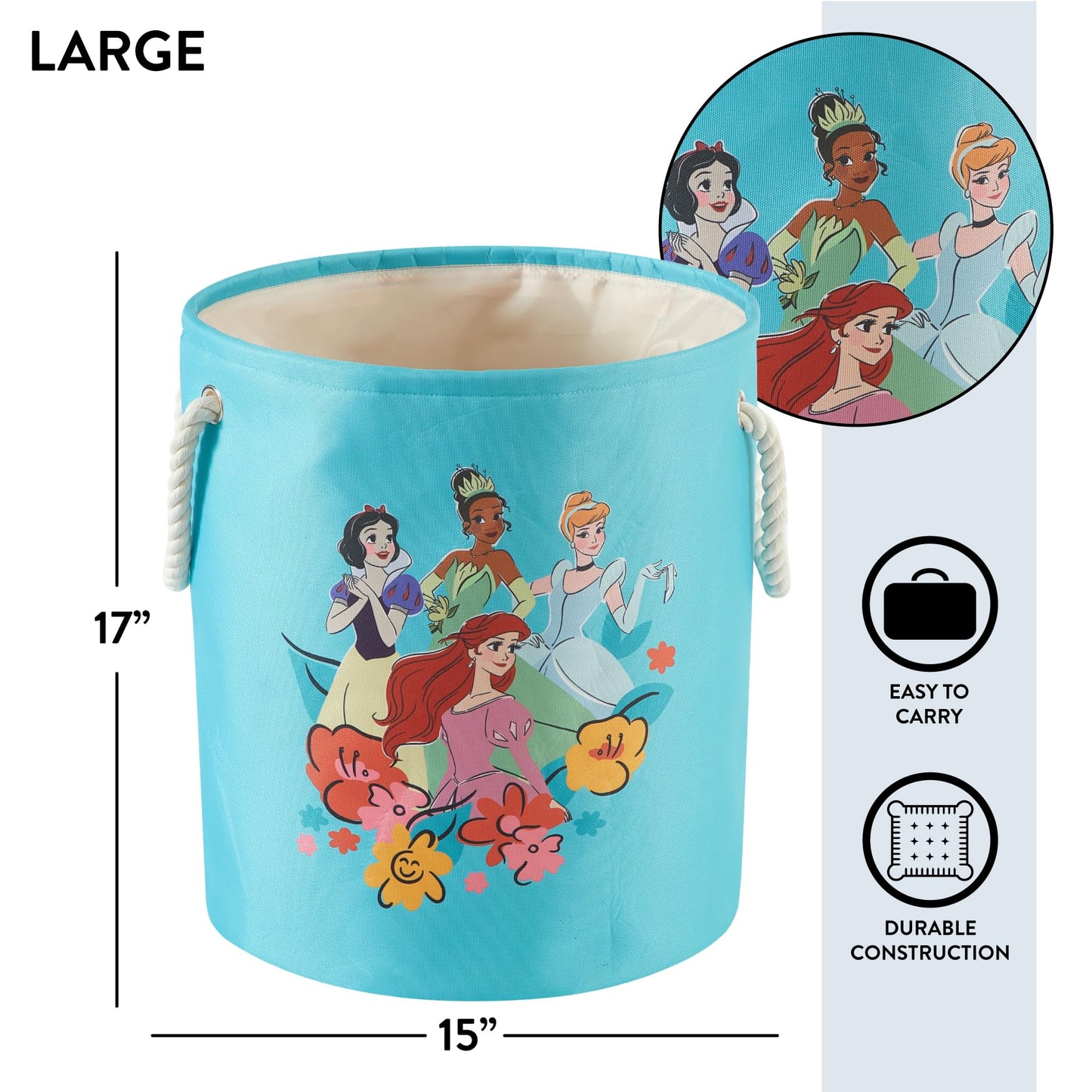 Disney Princess 3 Piece Fabric Storage Basket Set, Nestable Toy Storage Bins with Rope Handles