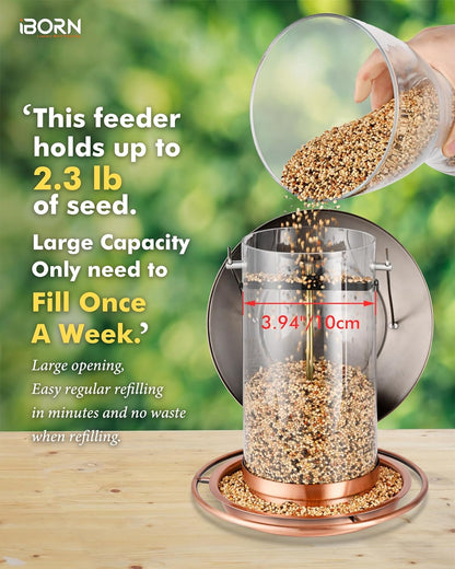 iBorn Bird Feeders for Outdoors Hanging,Metal Bird Feeders for Cardinal Chew Proof 18cm Large Roof&Tray Birdfeeders Outside Hanging,Brushed Copper 6 Port (Seed is not Included)