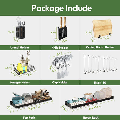 3 Tier Extra Large Stainless Steel Expandable Over The Sink Dish Drainer Drying Rack, Rust Proof Metal, Space Saving, Modern Black Big Capacity Extendable Plate Strainers Above Kitchen Counter