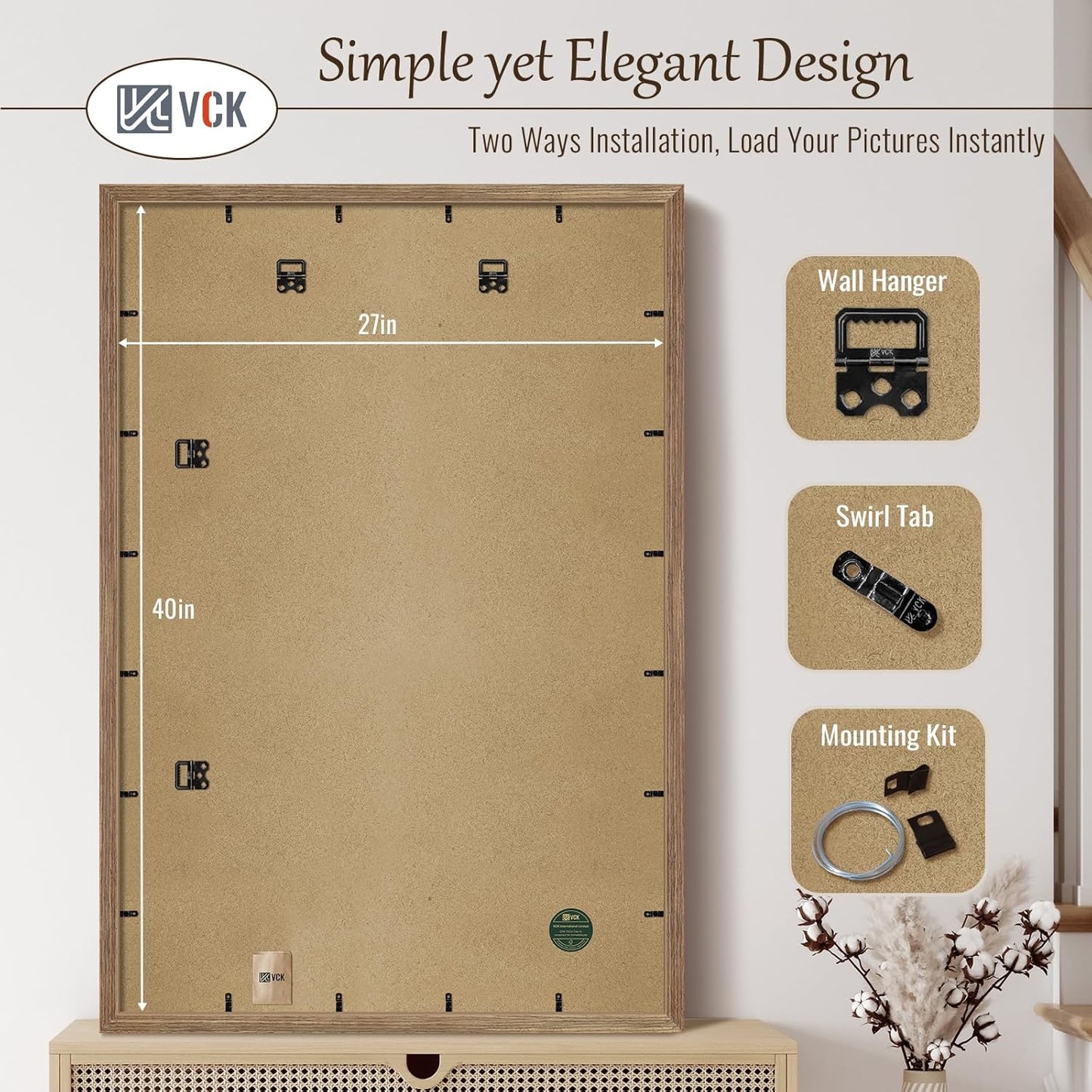 VCK 27x40 Poster Frame 3 Pack - Brown Walnut, Natural Textured Solid Wood Picture Frame, Wall Mounting Hanging