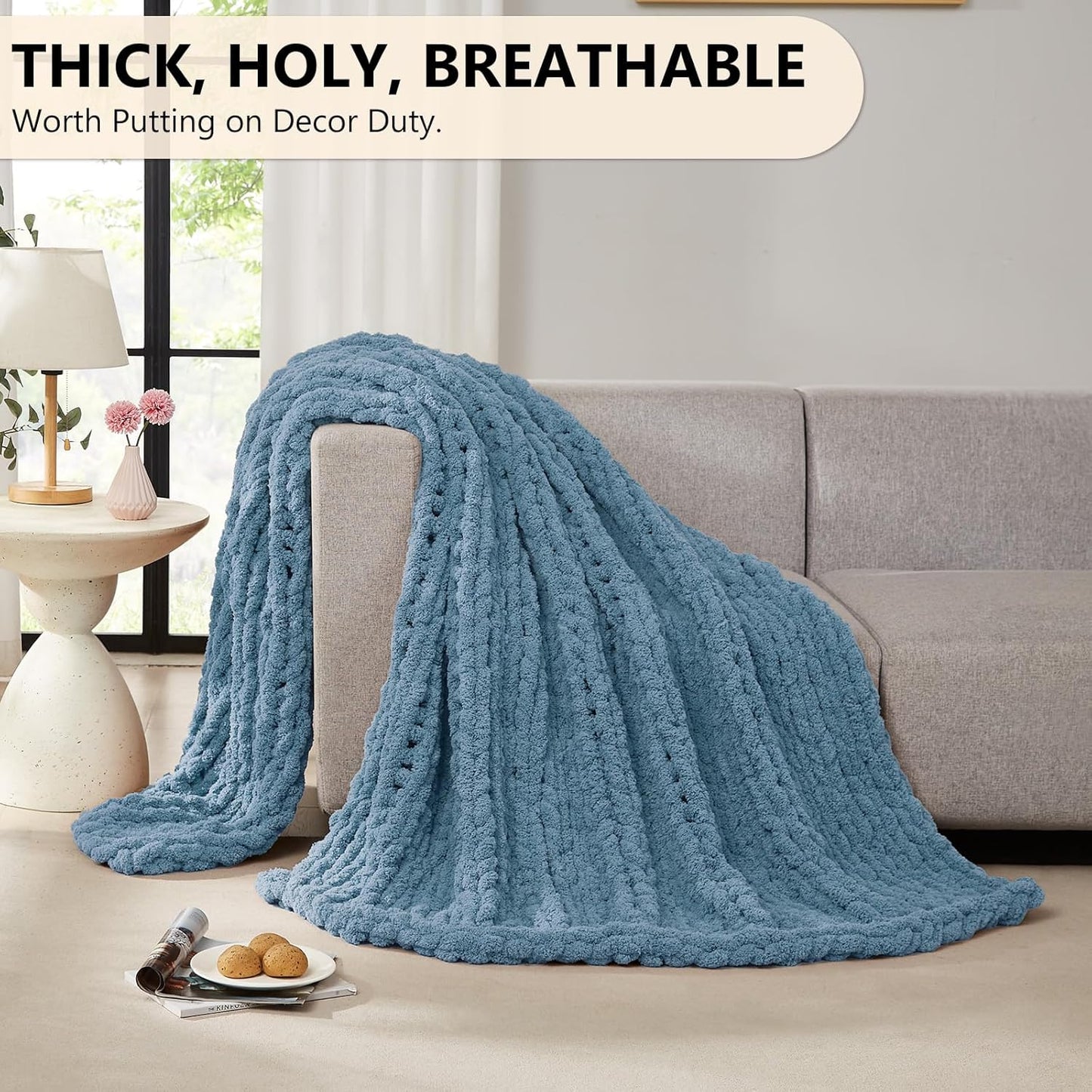 L'AGRATY Chunky Knit Blanket Throw: 60''x80'' Chenille Chunky Knitted Throw Blanket for Bed Couch - Handmade Thick Big Cable Knit Blanket - Large Crochet Rope Blanket for Home Decor(Airy Blue)