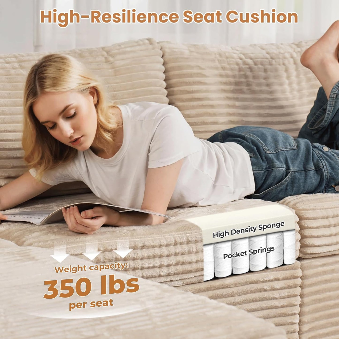 ovios Sectional Sofa Couch with U-Shape Chaise Sofa Bed, Comfy Modular Cloud Couches with Deep Seat, Modern Upholstered Plush Corduroy Sofas Set for Living Room, 7-Seater, Beige