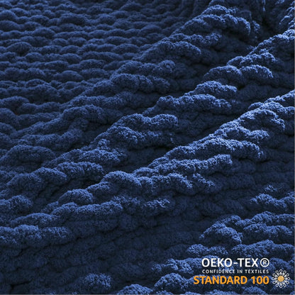 WESHIONGOO Chunky Knit Blanket Throw 50"×60" Knitted Throw Blankets for Couch Bed Fluffy Soft Blanket with Jumbo Chenille Yarn Thick 100% Handmade (Navy Blue)