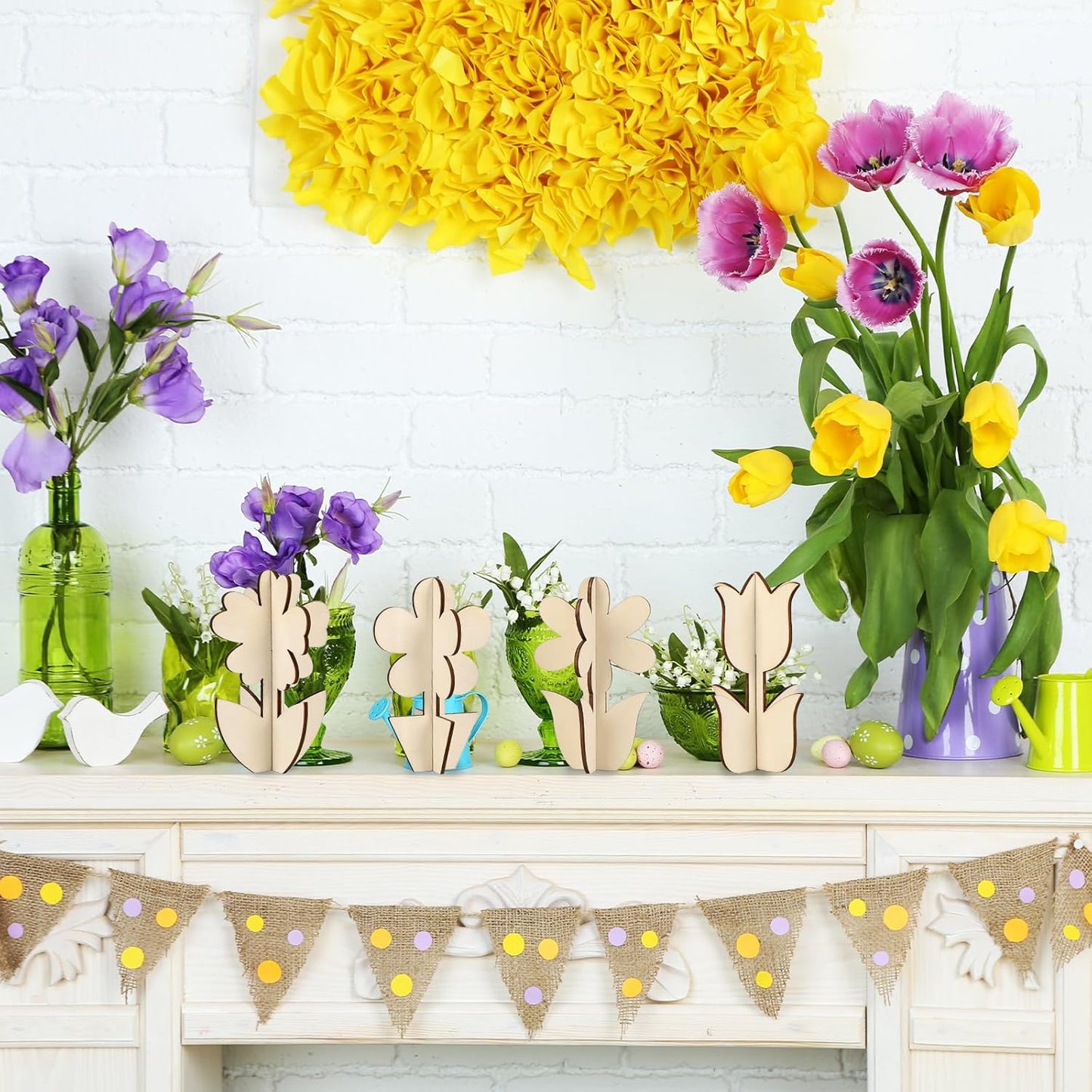 COCHIE DIY 3D Flower Spring Wood Crafts to Paint for Kids Adults, Paintable Unfinished Wooden Slices for Craft, Flowers Cutouts Ornaments for Painting Decorations (24 PCS)