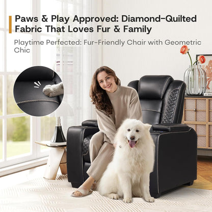 ANJ Power Theater Recliners Set of 3, Electric Home Theater Seating, Black Faux Leather Recliner with Adjustable Headrest, Movie Recliner Theater Chairs with LED,USB, Cup Holders, Hidden Arm Storage