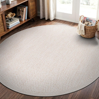 CAMILSON Easy Jute Round Rug 4ft Indoor Outdoor Off-White Color Fiber Area Rugs for Living Room and Patio Rug Herringbone Boho Woven Design Easy-Cleaning Washable Outside Carpet Alfombras (4 Round)