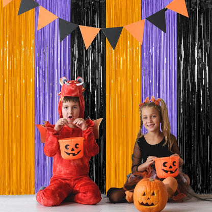 4 Pack Halloween Decorations, 3.28 FT x 7.05 FT Orange Purple Black Party Streamer, Funny Photo Backdrop Foil Curtains Fringe Tinsel, Halloween Door Decor Party Supplies Indoor