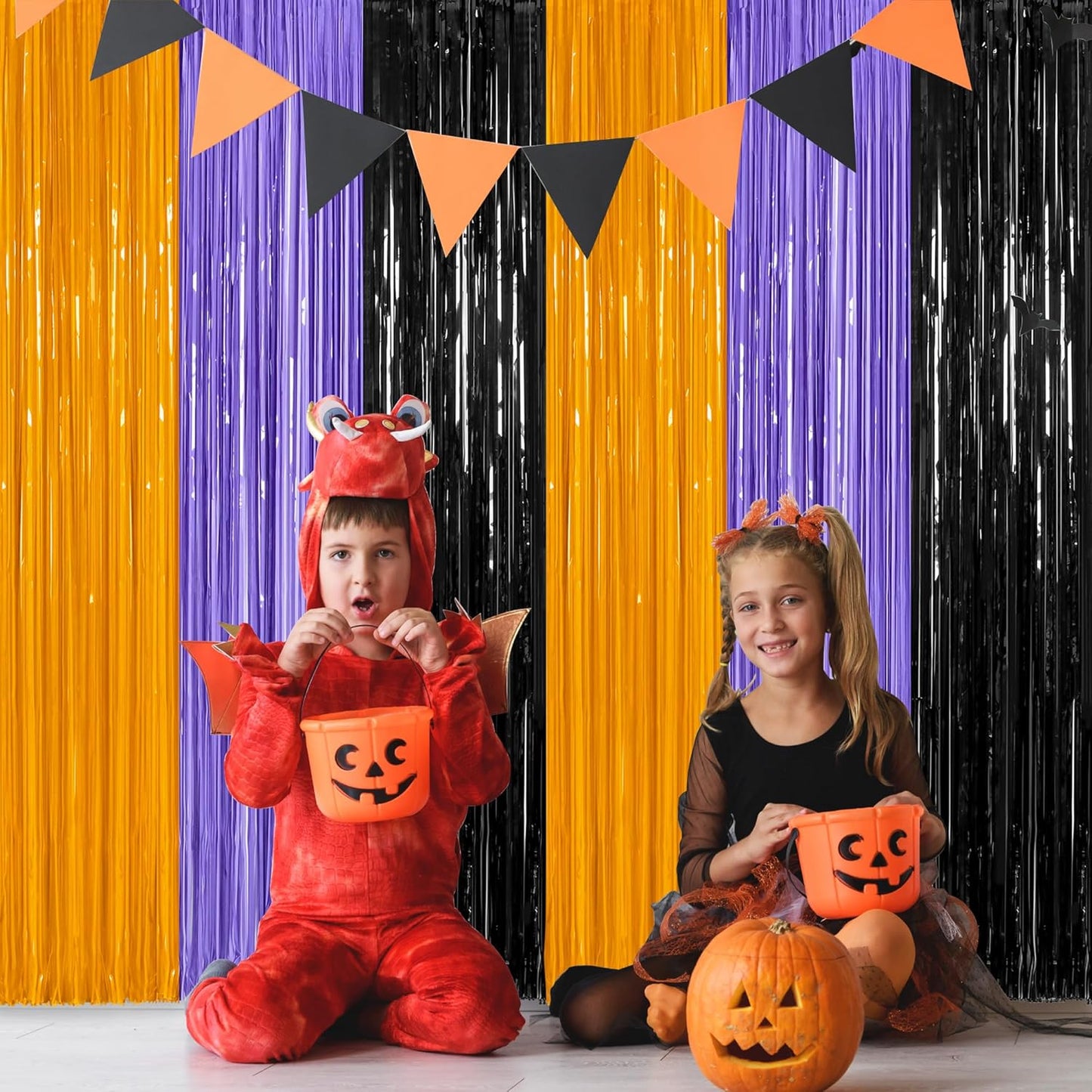 2 Pack Halloween Backdrop, 3.28 FT x 7.05 FT Foil Fringe Curtains, Orange Purple Black Party Streamer Tinsel Backdrop Curtains, Halloween Decorations Door Decor Photo Props Party Supplies