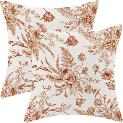 CXMEIFLY Burnt Orange Spring Pillow Covers 18 x 18 Inch Set of 2 for Chinoiserie Flowers Decor Throw Pillows Floral Leaves Seasonal Plant Outdoor Decorative Cushion Cases for Couch Bed Decorations