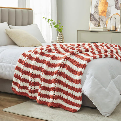 Amélie Home Chunky Knit Throw Blanket for Couch, Soft Chenille Crochet Blanket for Sofa, 50"x60", Burnt Orange & White Striped