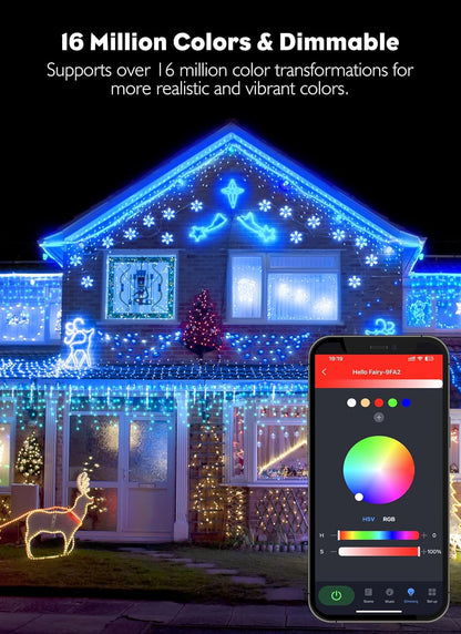 Brightown Smart Icicle Lights for Outside, 66Ft 608 LED RGB Smart Christmas Lights with 58 Preset Modes, App or Remote Control, Music Sync, Memory and Timer Function for Indoor/Outdoor Use