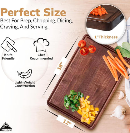 Handcrafted Walnut Wood Cutting Board 18x12, Non Toxic Kitchen Chopping Board with Juice Groove Charcuterie Serving Board, Eco & Knife Friendly Small Wooden Cutting Boards for Kitchen, Restaurant Use