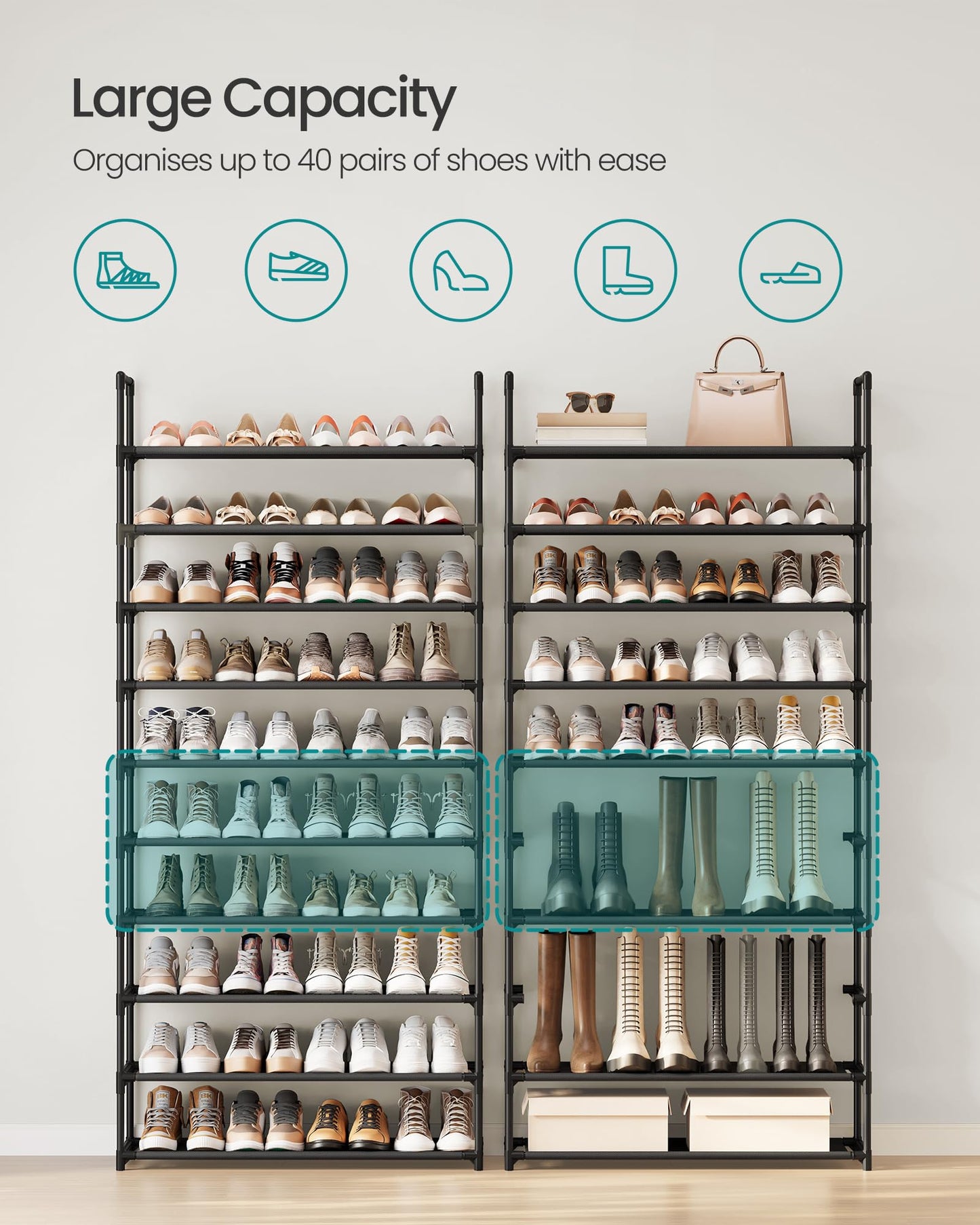 SONGMICS Shoe Rack, 10-Tier Shoe Shelf, Shoe Storage Organizer, 11 x 32.7 x 68 Inches, Metal Frame
