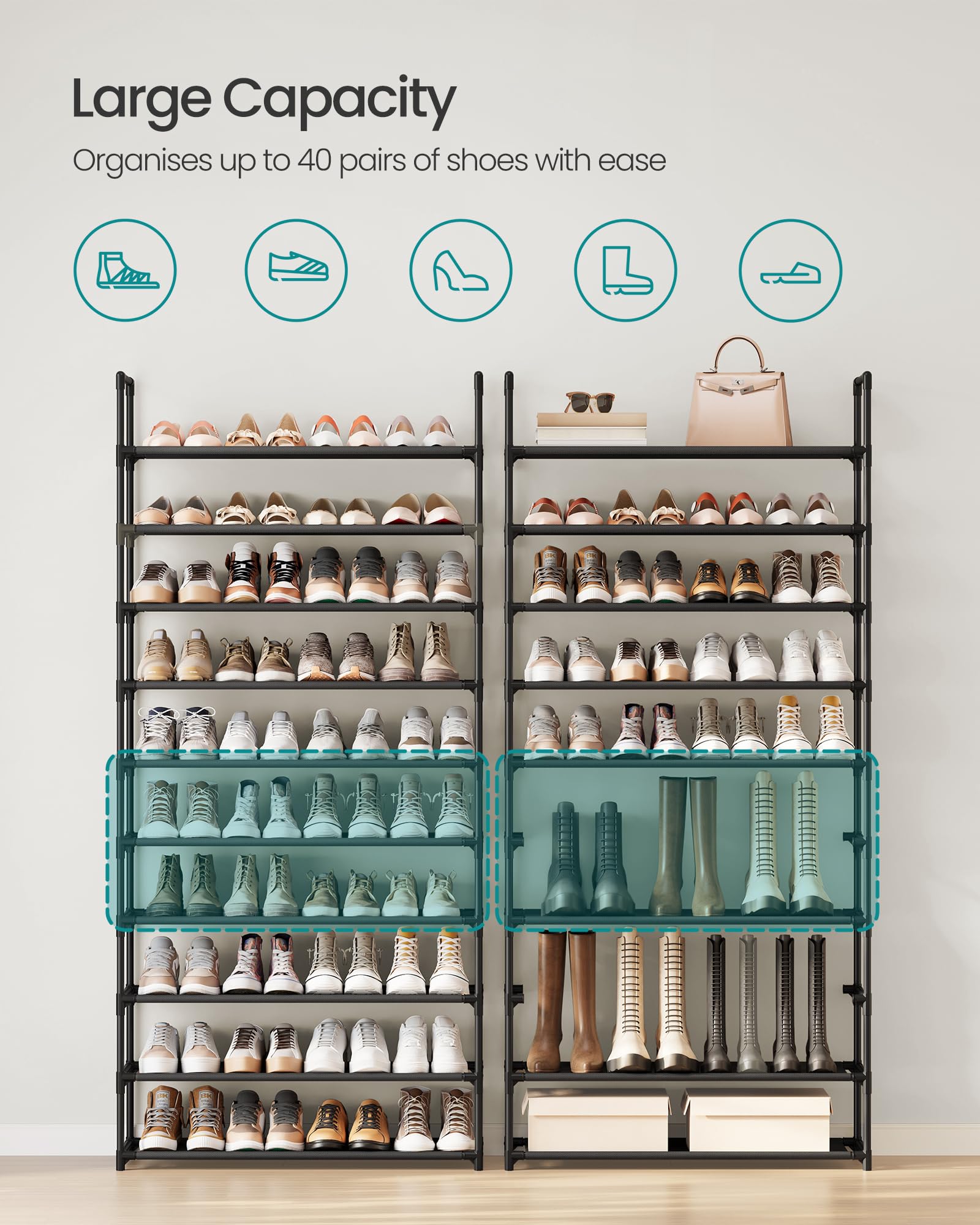 SONGMICS Shoe Rack, 10-Tier Shoe Shelf, Shoe Storage Organizer, 11 x 32.7 x 68 Inches, Metal Frame