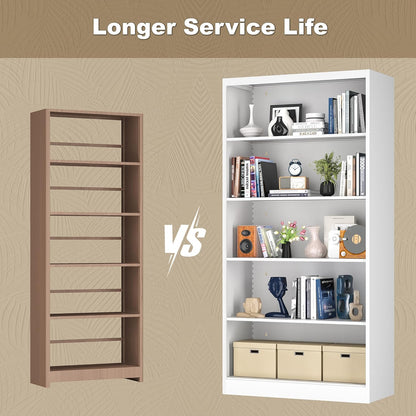 Metal Bookcase, 14" Deep Bookshelf, 66" Tall Bookcases with Adjustable Shelves, 5 Shelf Bookcase, Industrial Bookshelves and Bookcases for Living Room, Office, Library. White Book Shelf.