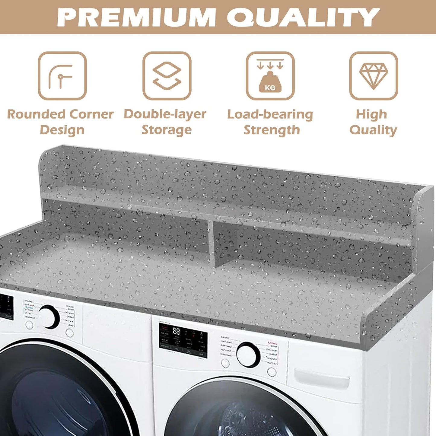 Royxen Laundry Countertop with 2-Tier Shelf Universal Fit, Washer and Dryer Countertop with Storage Space, Shelf Height 11.5 Inches, Solid Wood, Grey