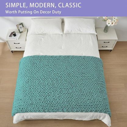Bigacogo Chunky Knit Throw Blanket for Couch, 40x80 inches, 100% Hand Knitted with Thick Jumbo Chenille Yarn, Cozy Soft Large Rope Knot Cable Crochet Blankets for Sofa Bed Living Room, Light Teal