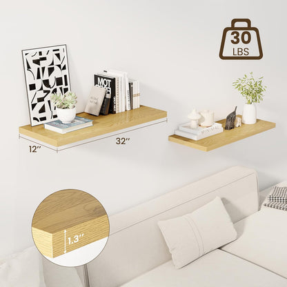 32" Floating Shelves for Wall, 12" Deep Slim Oak Floating Shelves, Wall-Mounted Shelves for Bedroom, Living Room, Kitchen, Bathroom - Set of 2