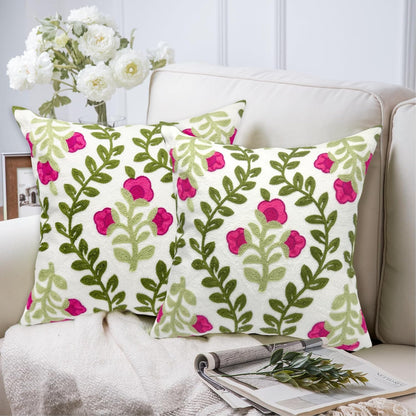 Alysheer Floral Embroidered Summer Decorative Throw Pillow Covers 20"x 20" Set of 2, Farmhouse Cottage Hot Pink Flowers Green Leaves Knit Pattern Cotton Canvas Cushion Case for Couch Bed Living Room