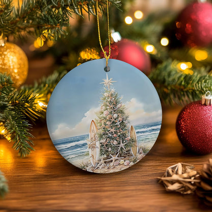 Coastal Beach Christmas Ceramic Ornament Gifts, Ocean Beachy Seashell Christmas Decorative Hanging Ornaments for Xmas Tree Holiday Party Decoration, Coastal Beach Xmas Tree Decorations