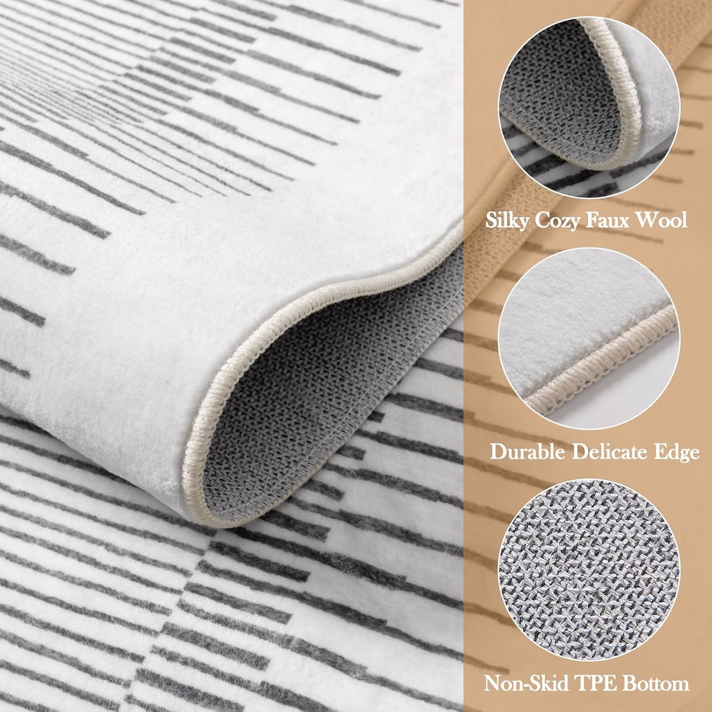 Wonnitar 5x7 Washable Striped Living Room Area Rug, Non-Slip Grey Boho Rugs for Bedroom, Low Pile Soft Minimalist Floor Carpets for Dining Room Home Office (Grey,5' x 7')