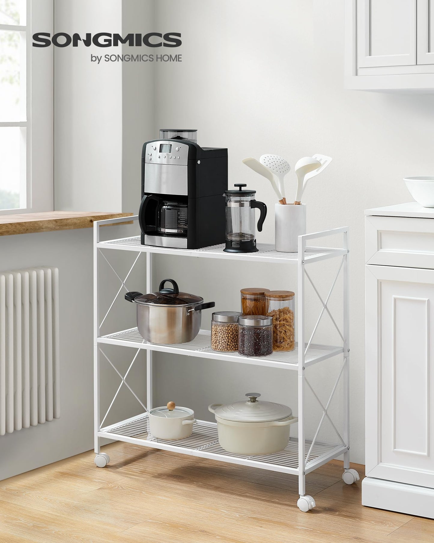 SONGMICS 3-Tier Metal Storage Rack with Wheels, Mesh Shelving Unit with X Side Frames, 31.5-Inch