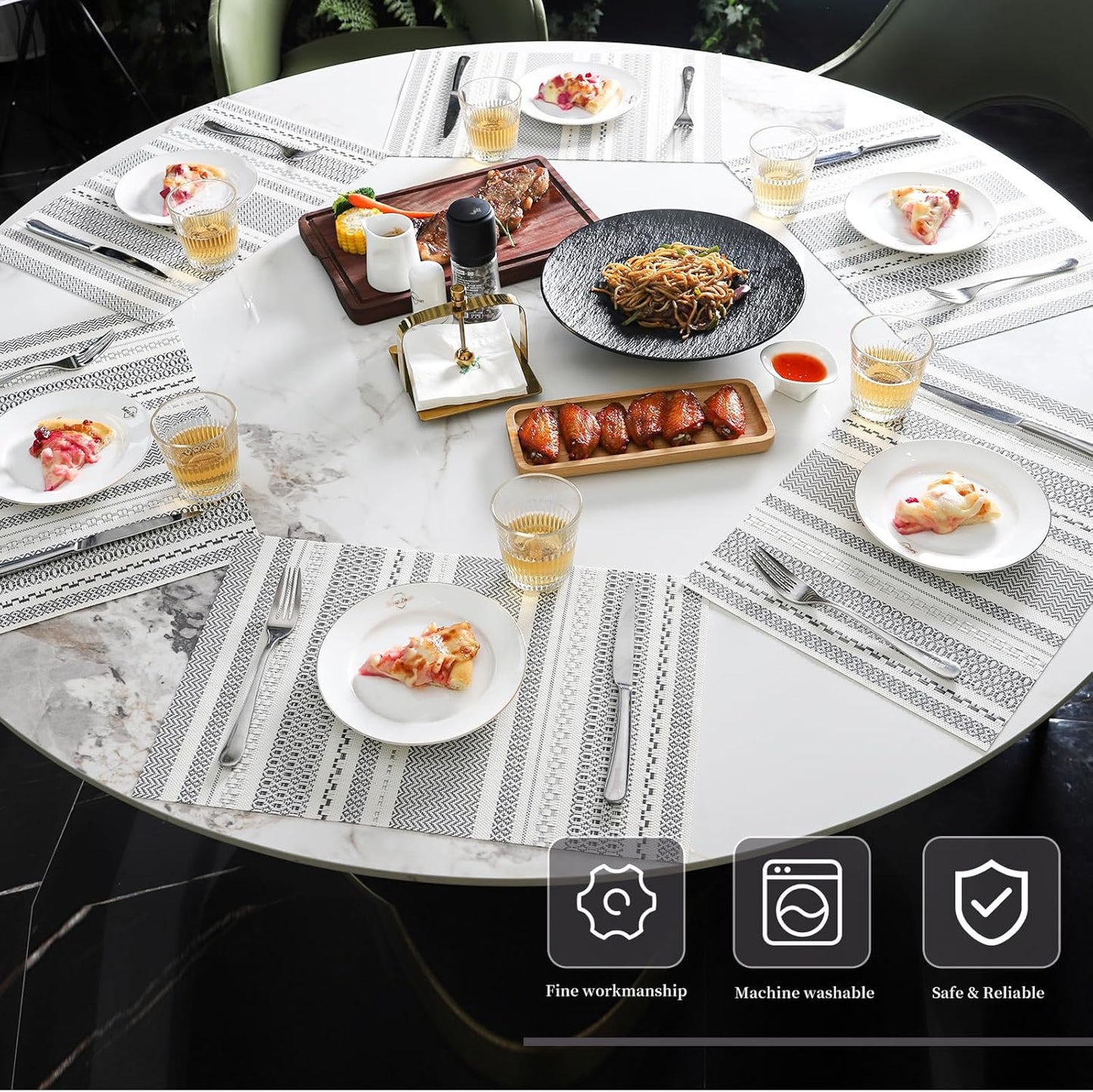 Vinyl Plastic Placemats Set of 6 Washable Heat Resistant Non-Slip Elegant Indoor Outdoor Kitchen Dining PVC Woven Table Place Mats (Dark Grey Striped Silver Wire)