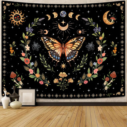 Lunerfex Boho Butterfly Tapestry Flower Moon Wall Tapestry, Moon Phases Tapestries for Bedroom Cute Tapestries Wall Hanging for Bedroom Living Room Decor Butterfly-1 44"x60"