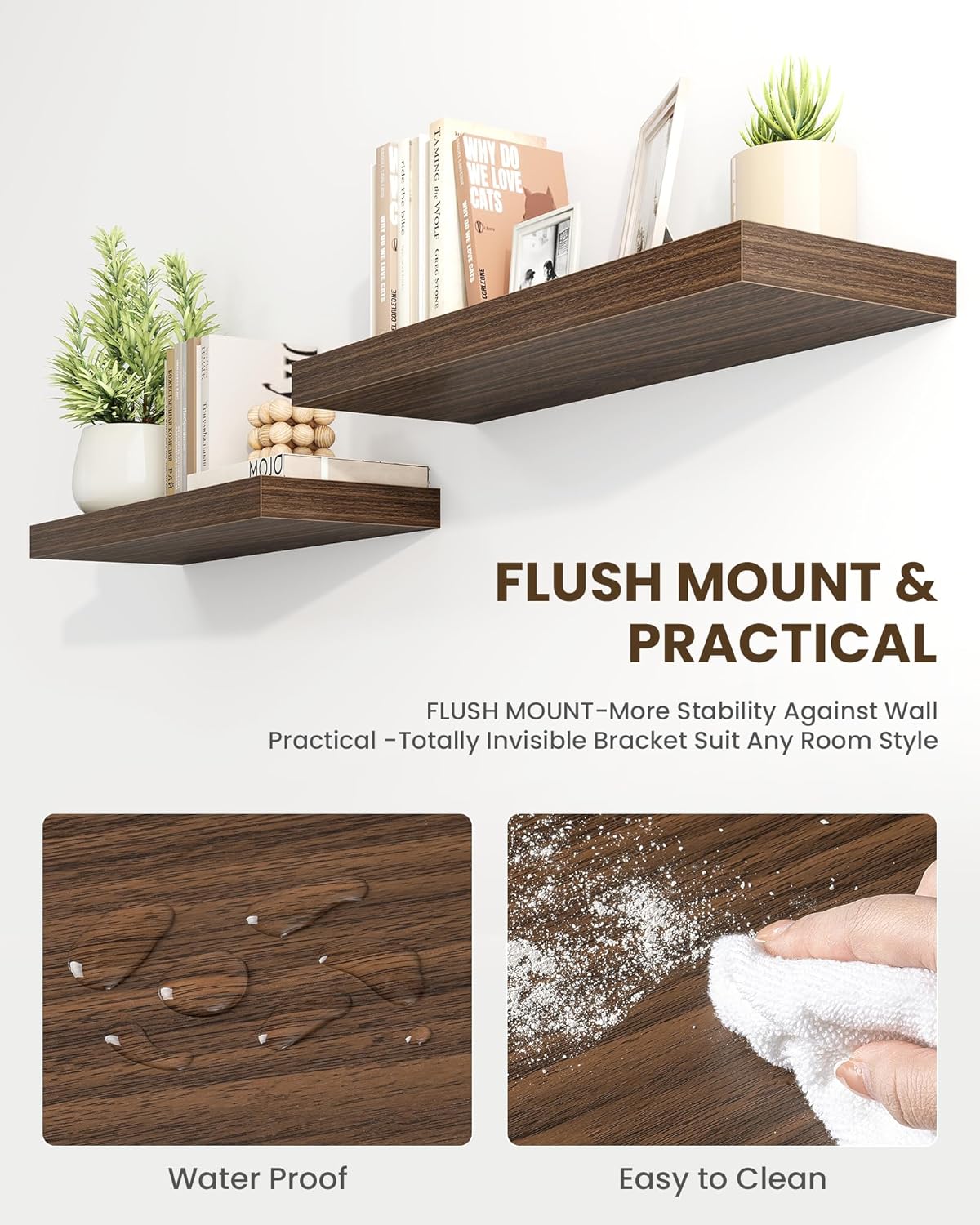 Marsmiles 39" Floating Shelves for Wall, Wooden Shelves with Invisible Brackets Set of 2, Rustic Farmhouse Wall Mounted Shelf for Kitchen Bathroom Living Room Study, Walnut