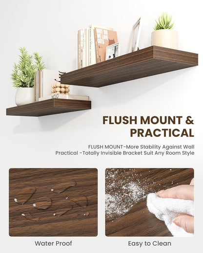 Marsmiles 39" Floating Shelves for Wall, Wooden Shelves with Invisible Brackets Set of 2, Rustic Farmhouse Wall Mounted Shelf for Kitchen Bathroom Living Room Study, Walnut