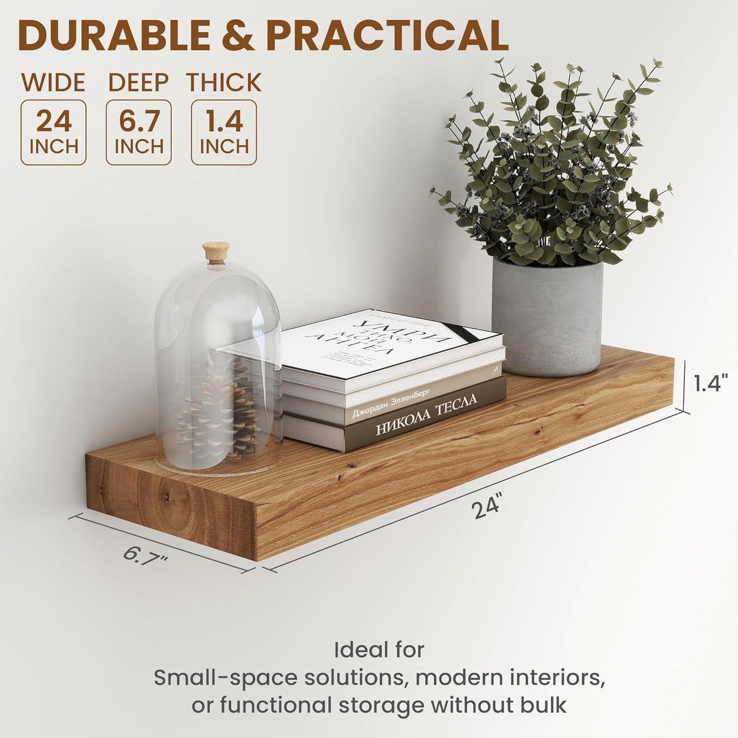 Wood Floating Shelves for Wall, 24" Floating Shelves Wall Mounted, Rustic Old Elm Wood Shelf for Home Decor, Heavy-Duty Storage Shelves for Books, Bathroom, Kitchen, Natural Color, Set of 2