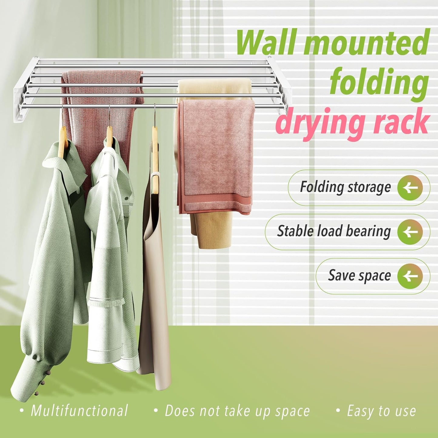 Wall Mounted Clothes Drying Rack 32 inches,Foldbale Laundry Drying Rack Wall Mount,Drying Rack Clothing Space Saver,Retractable,Collapsible,Folding Laundry Rack,White