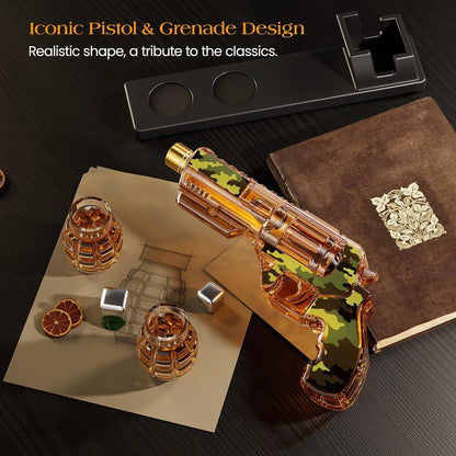 Kollea Camouflage Whiskey Decanter Sets with Grenade Shot Glasses, Anniversary Birthday Gifts for Him, Holiday Gifts for Father, Brother, Husband, Boyfriend, Military Present, Bar Drinking, 12.8 oz