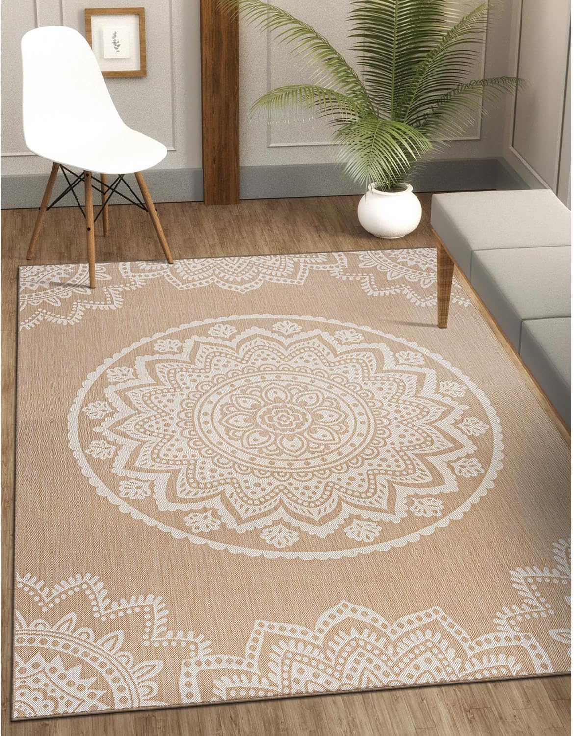CAMILSON Outdoor Rug 6x9 Modern Area Rugs for Indoor and Outdoor Patios and Porches - Waterproof, Washable, Non-Shedding, Easy-to-Clean Outside Carpet (6 x 9, Medallion - Beige/White)